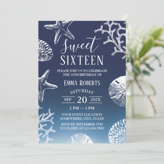 スウィート16ネイビーブルーグラデーションビーチスターフィッシュシーシェル 招待状 (スタンド正面)