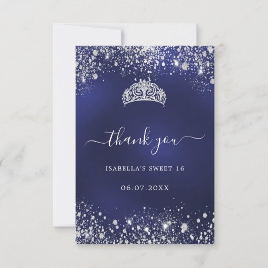 スウィート16ネイビーブルーシルバーグリッターティアラ サンキューカード (正面)