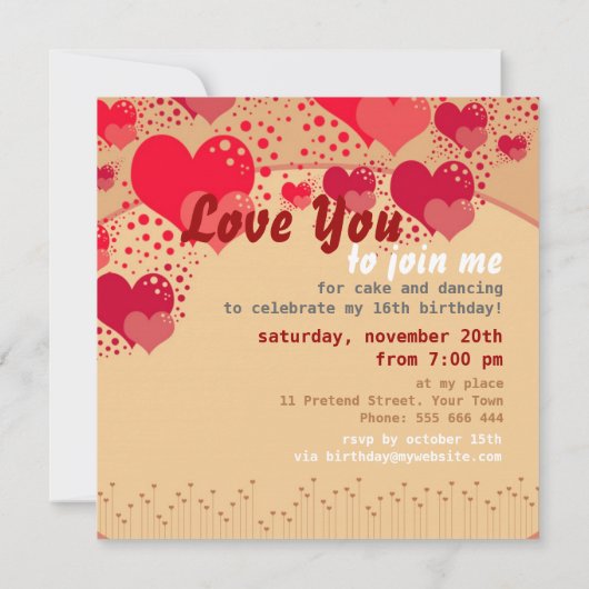 スウィート16ハート誕生日招待状 招待状 (裏面)