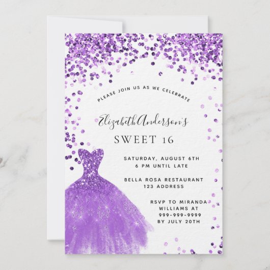 スウィート16バイオレットホワイトドレスグリッター贅沢 招待状 (正面)