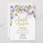 スウィート16バタフライ招待状パープルフローラ金ゴールド 招待状 (正面)