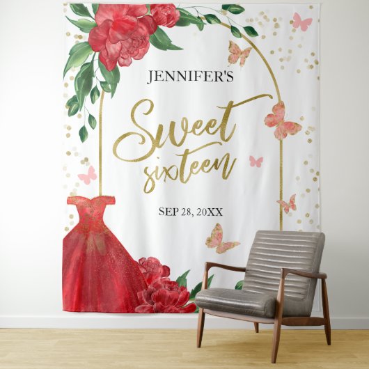 スウィート16バターフリスエメラルドレッドガウン背景 タペストリー (インサイチュ)