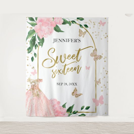 スウィート16バターフリスピンク赤面ガウン背景 タペストリー (正面)