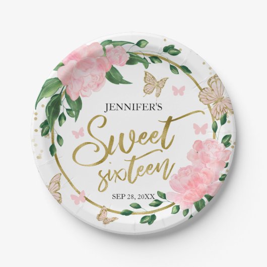 スウィート16バターフリスピンク赤面ガウン ペーパープレート (正面)