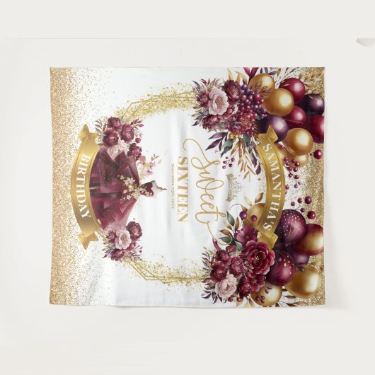 スウィート16バナーブルガンディドレスグリッター金ゴールド タペストリー (正面(横))