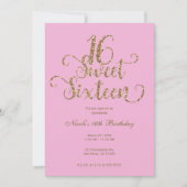 スウィート16バブルガムピンク&金ゴールドグリッター誕生日 招待状 (正面)