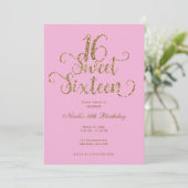 スウィート16バブルガムピンク&金ゴールドグリッター誕生日 招待状 (スタンド正面)