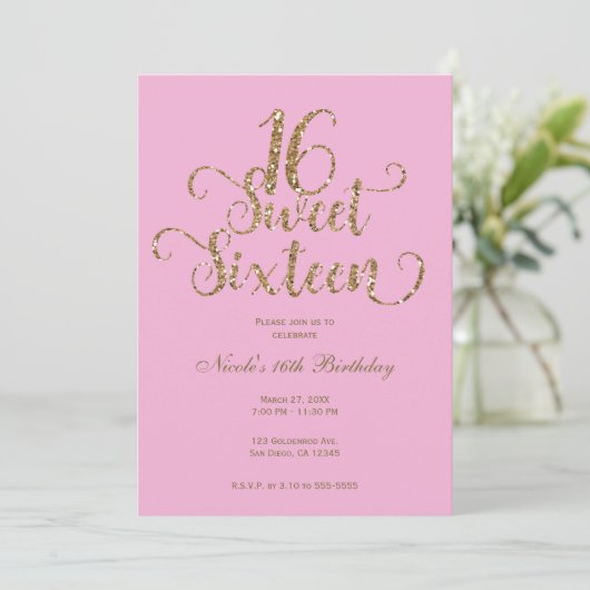 スウィート16バブルガムピンク&金ゴールドグリッター誕生日 招待状 (スタンド正面)