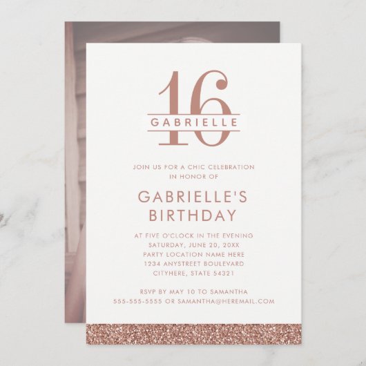 スウィート16バラ赤面ピンクグリッターフォト誕生日 招待状 (正面/裏面)