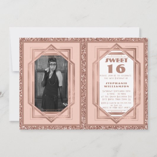 スウィート16バラ金ゴールドとグリッターギャツビーアールデコ 招待状 (正面)