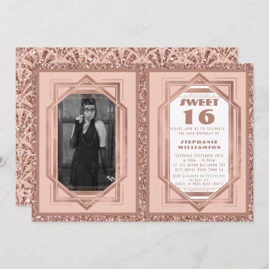 スウィート16バラ金ゴールドとグリッターギャツビーアールデコ 招待状 (正面/裏面)