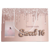 スウィート16バラ金ゴールドカスタムグリッターフォトピンク16th ラージペーパーバッグ (正面)