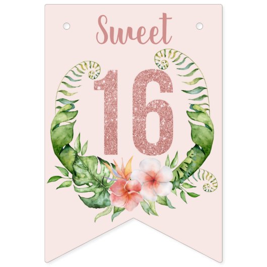 スウィート16バラ金ゴールドグリッターガーリーフローラ バンティングフラッグ (第1の旗)