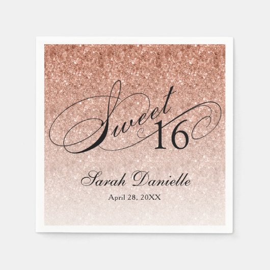 スウィート16バラ金ゴールドグリッターグラムパーソナライズされた スタンダードカクテルナプキン (正面)