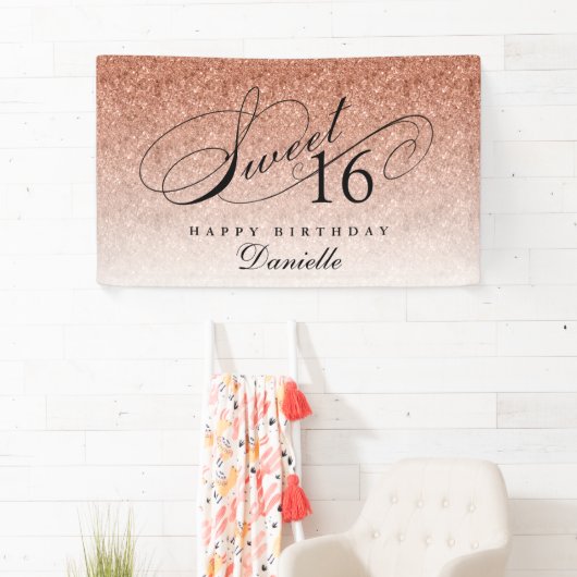 スウィート16バラ金ゴールドグリッターパーソナライズされた誕生日 横断幕 (インサイチュ)