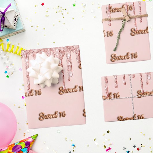 スウィート16バラ金ゴールドグリッターピンク16歳の誕生日 ラッピングペーパーシート