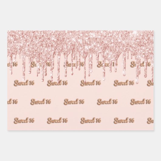 スウィート16バラ金ゴールドグリッターピンク16歳の誕生日 ラッピングペーパーシート (正面)