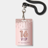 スウィート16バラ金ゴールドグリッター誕生日招待状 バッジ (正面（ネックストラップ付）)