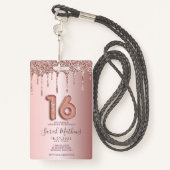 スウィート16バラ金ゴールドグリッター誕生日招待状 バッジ (裏面ランヤード)