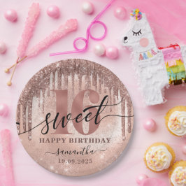 スウィート16バラ金ゴールドグリッター&フォイル ペーパープレート