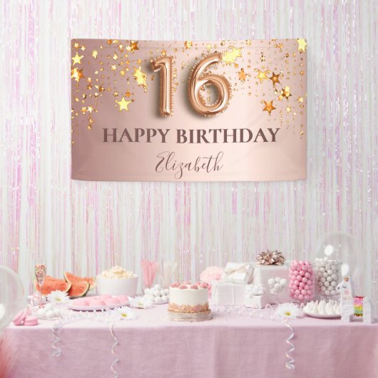 スウィート16バラ金ゴールドスターピンクへようこそ 横断幕 (パーティー)