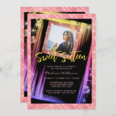 スウィート16バラ金ゴールドスパークルグリッターカスタム写真 招待状 (正面/裏面)