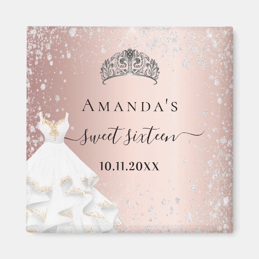 スウィート16バラ金ゴールドティアラのドレス銀のグリッター名 マグネット (正面)