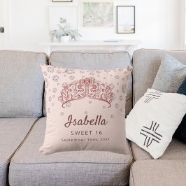 スウィート16バラ金ゴールドティアラ冠ピンクモノグラム クッション
