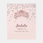 スウィート16バラ金ゴールドティアラ冠ピンクモノグラム フリースブランケット (正面)