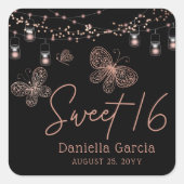 スウィート16バラ金ゴールドバタフライシックモダン誕生日 スクエアシール (正面)