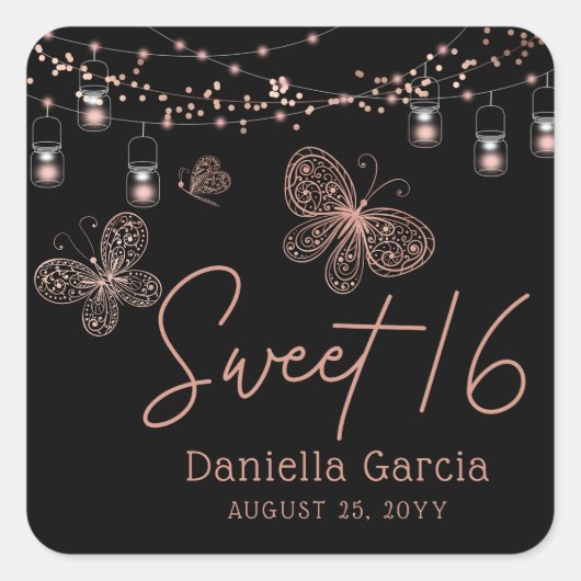 スウィート16バラ金ゴールドバタフライシックモダン誕生日 スクエアシール (正面)