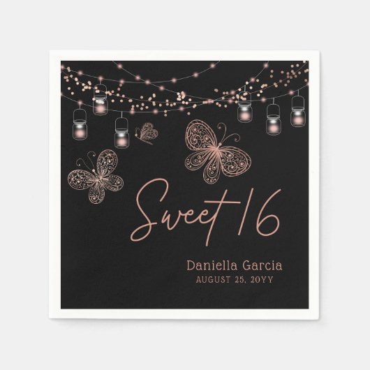 スウィート16バラ金ゴールドバタフライシックモダン誕生日 スタンダードカクテルナプキン (正面)