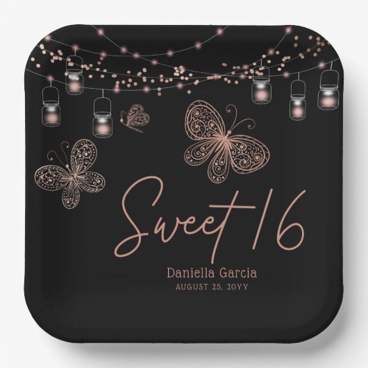 スウィート16バラ金ゴールドバタフライシックモダン誕生日 ペーパープレート (正面)