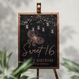 スウィート16バラ金ゴールドバタフライシックモダン誕生日 ポスター