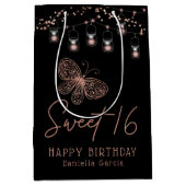 スウィート16バラ金ゴールドバタフライシックモダン誕生日 ミディアムペーパーバッグ (正面)