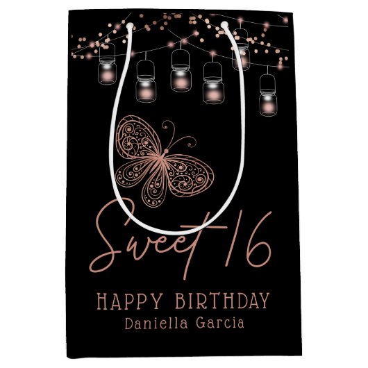 スウィート16バラ金ゴールドバタフライシックモダン誕生日 ミディアムペーパーバッグ (正面)