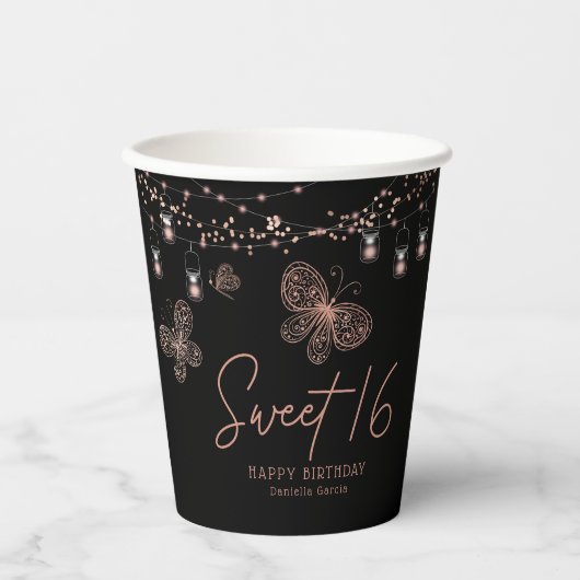 スウィート16バラ金ゴールドバタフライシックモダン誕生日 紙コップ (正面)