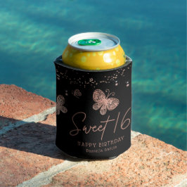 スウィート16バラ金ゴールドバタフライシックモダン誕生日 缶クーラー
