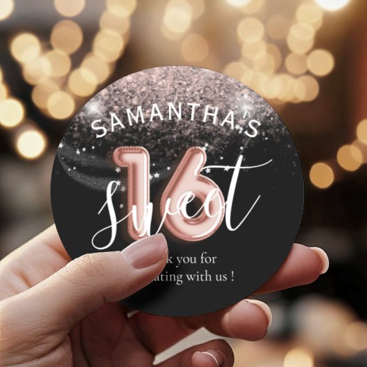 スウィート16バラ金ゴールドピンクグリッターバルーンスタイル ラウンドシール