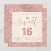 スウィート16バラ金ゴールドフェイクグリッターバースデーパーティー 招待状 (正面/裏面)