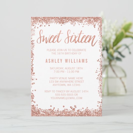 スウィート16バラ金ゴールドフェイクグリッターバースデーパーティー 招待状 (スタンド正面)