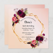 スウィート16バラ金ゴールドブルゴーニュ花模様幾何学的 招待状 (正面/裏面)