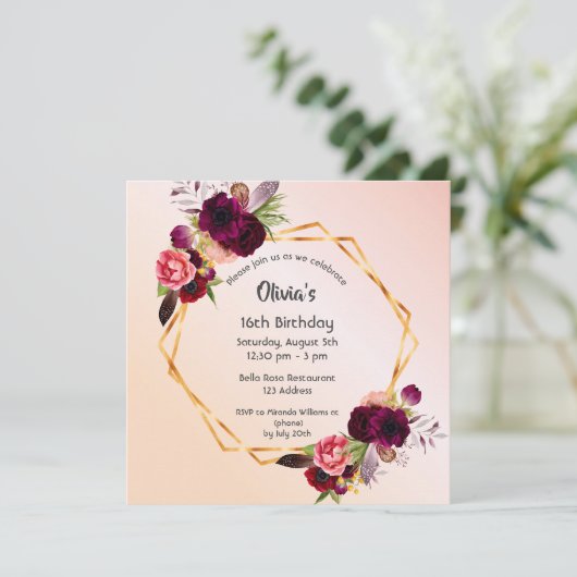スウィート16バラ金ゴールドブルゴーニュ花模様幾何学的 招待状 (スタンド正面)