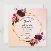 スウィート16バラ金ゴールドブルゴーニュ花模様幾何学的 招待状 (正面)