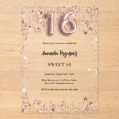 スウィート16バラ金ゴールド星澄んパーティー アクリル招待状 (正面)