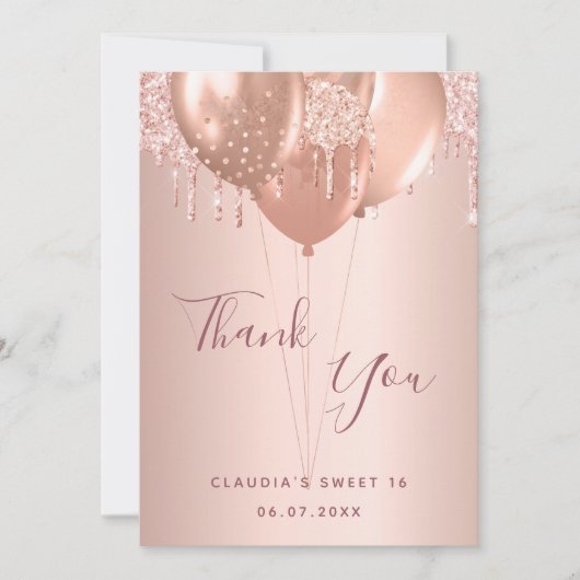 スウィート16バラ金ゴールド赤面グリッターサンキューカード 招待状 (正面)