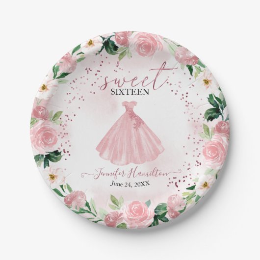 スウィート16バラ金ゴールド赤面フローラドレス ペーパープレート (正面)