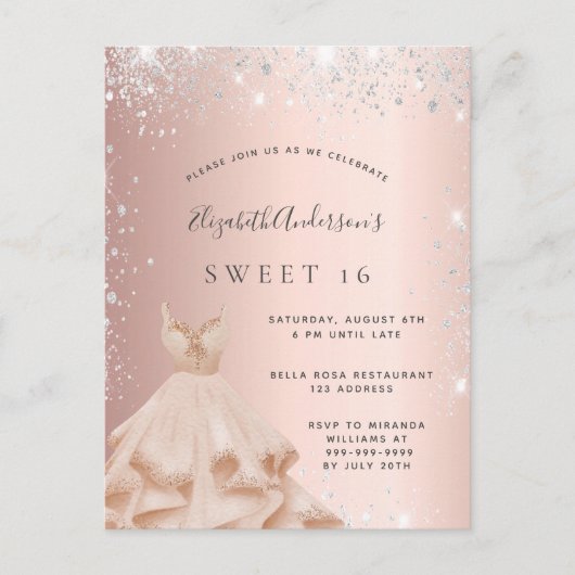 スウィート16バラ金ゴールド銀グリッタードレス インビテーションポストカード (正面)