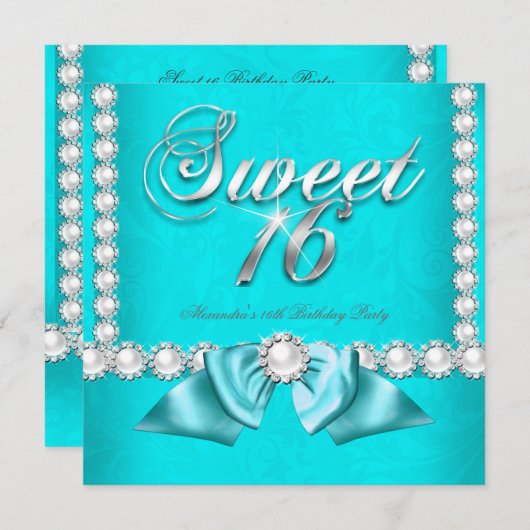スウィート16バースデーパーティーティール（緑がかった色）ブルーアクアパール 招待状 (正面/裏面)