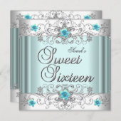 スウィート16バースデーパーティーティール（緑がかった色）ブルーホワイトダイヤモンド 招待状 (正面/裏面)